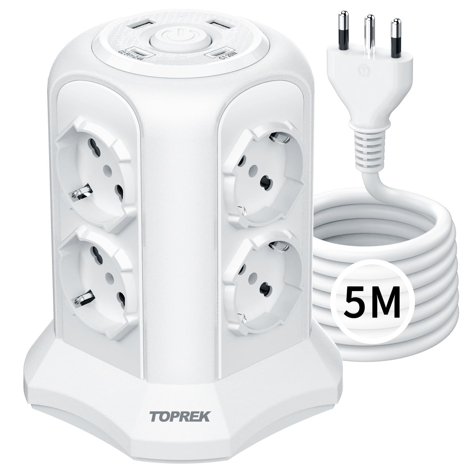 TOPREK Multiprise Verticale avec 8 Prises universelles ITA 10/16A et Schuko et 2 USB C et 2 USB A (USB-C1 20W PD3.0 Charge Rapide), câble 5M, 4000W/16A, multiprise avec Interrupteur, Prise 16A, Blanc