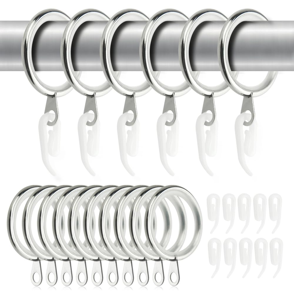 TOVOT 40PCS Silent Type Curtains Rings Set and Hooks 28MM Inner Diameter Curtain Metal Pole Rings Hoops for Drapery Hanging(Silver)