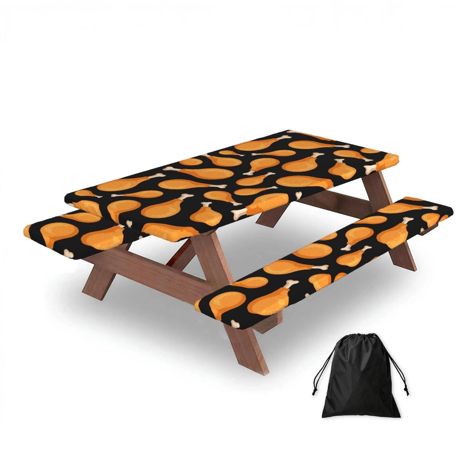 Fried Chicken Legs Pattern, Picnic Table Cover With Bench Covers -Waterproof Elastic Fitted Tablecloth for Garden Camping Patio 76x152cm