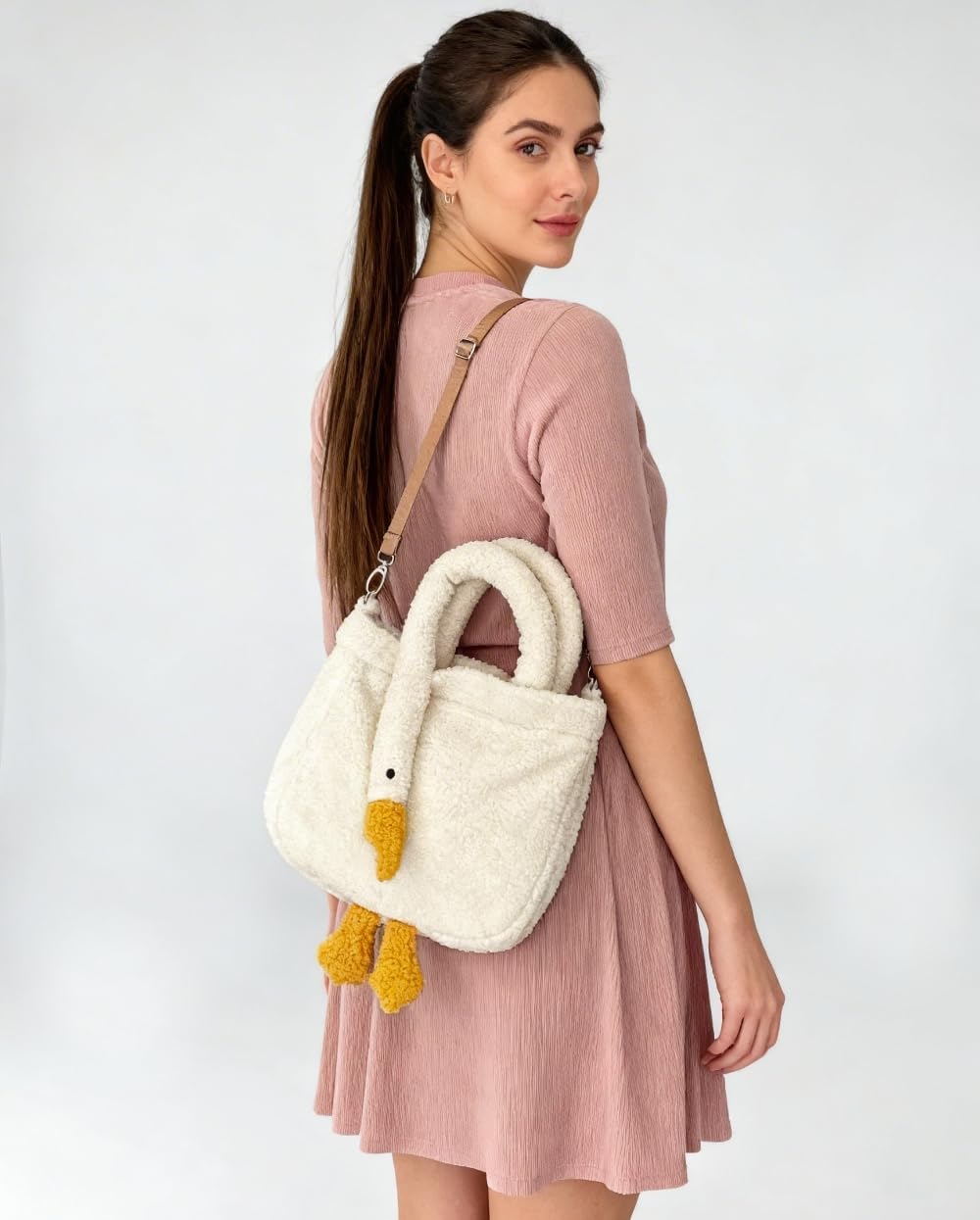 Women Cute Plush Goose Bag Funny Novelty Goose Purse Tote Handbag Shoulder Shopper Bag