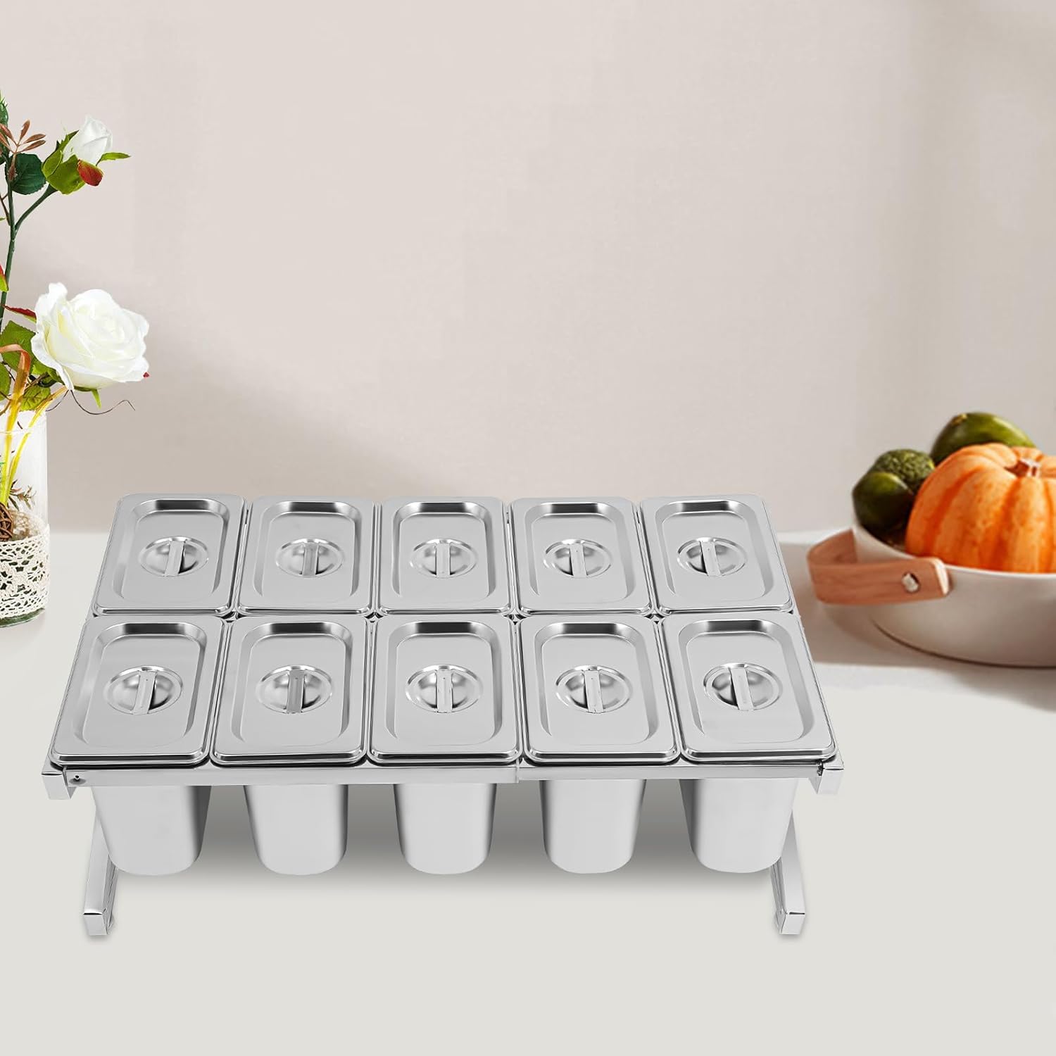 Étagère à épices extensible en acier inoxydable – Support de comptoir commercial avec 6/8/10 casseroles et couvercle pour assaisonner les sauces, confitures, fruits et ingrédients