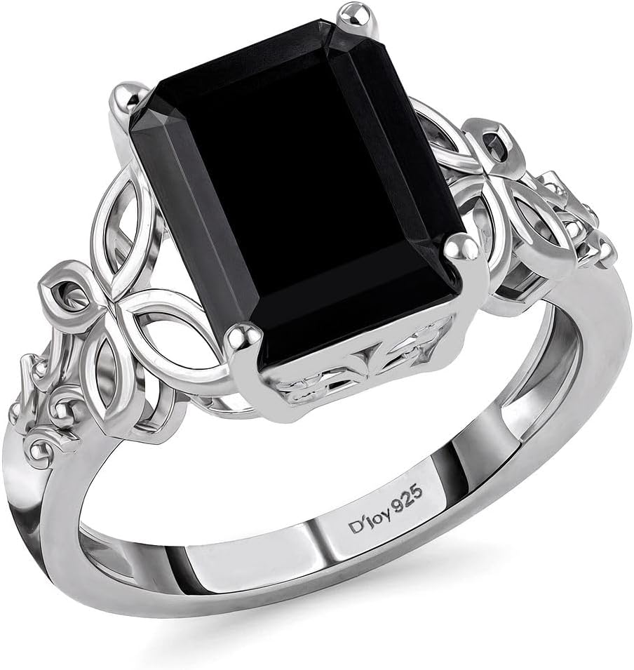 Black Tourmaline Ring in 925 Sterling Silver - October Birthstone Rings for Women - Engagement Promise Floral Statement Vintage Solitaire Tourmaline Jewelry Gifts for Womens