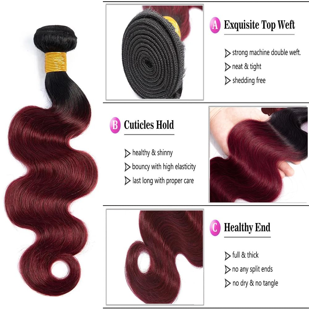 1B99j Bundles Human Hair Ombre Body Wave Bundles 16 18 20 inch Brazilian Virgin Remy Hair Extensions Double Weft Burgundy Body Wave Bundles Human Hair Weave