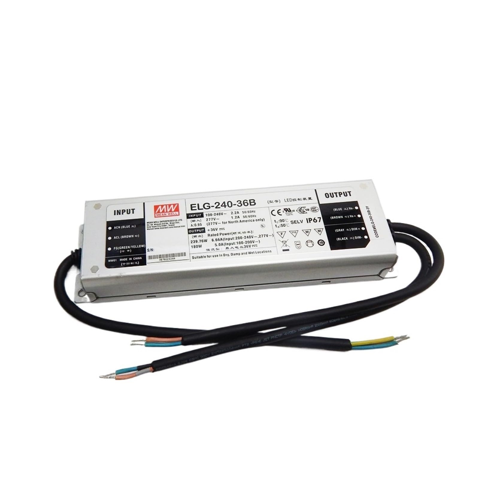 Fcarumiqp One Color Elg-240 240W Led Dimming Power Supply 110V/220Vac To 24V 36V 42V 54V Dc Waterproof Ip67 Meanwell Dimmable Led Driver(36V)