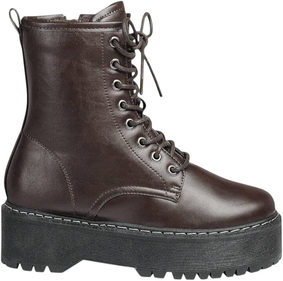 Forever Link Women Chunky Lug Sole Platform Lace up Fashion Combat Ankle Boot Side Zipper Short booties