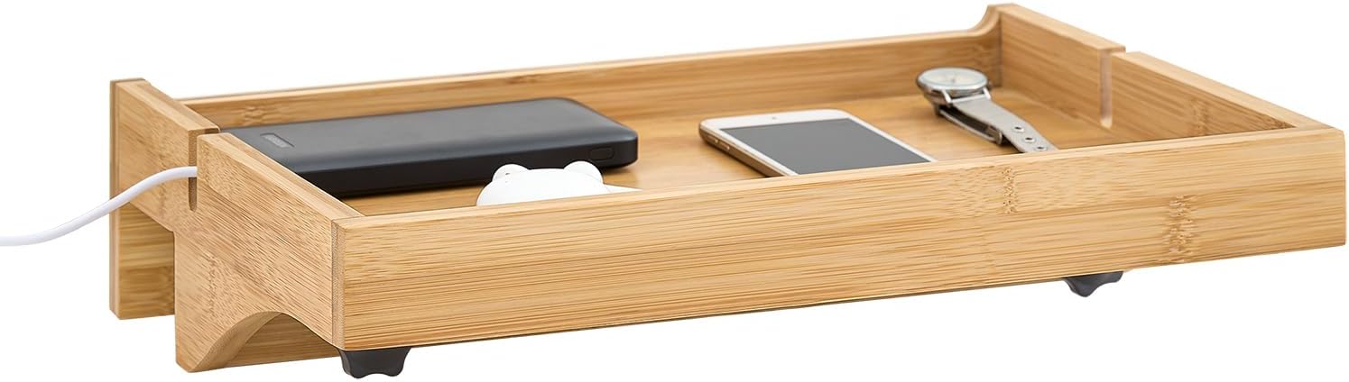 SoBuy Bedside Shelf Clip-On with Cable Slots - Bamboo Bedside Table Tray for Books, Phone, Glasses, W36 x D25 x H9 cm Natural NKD01-N