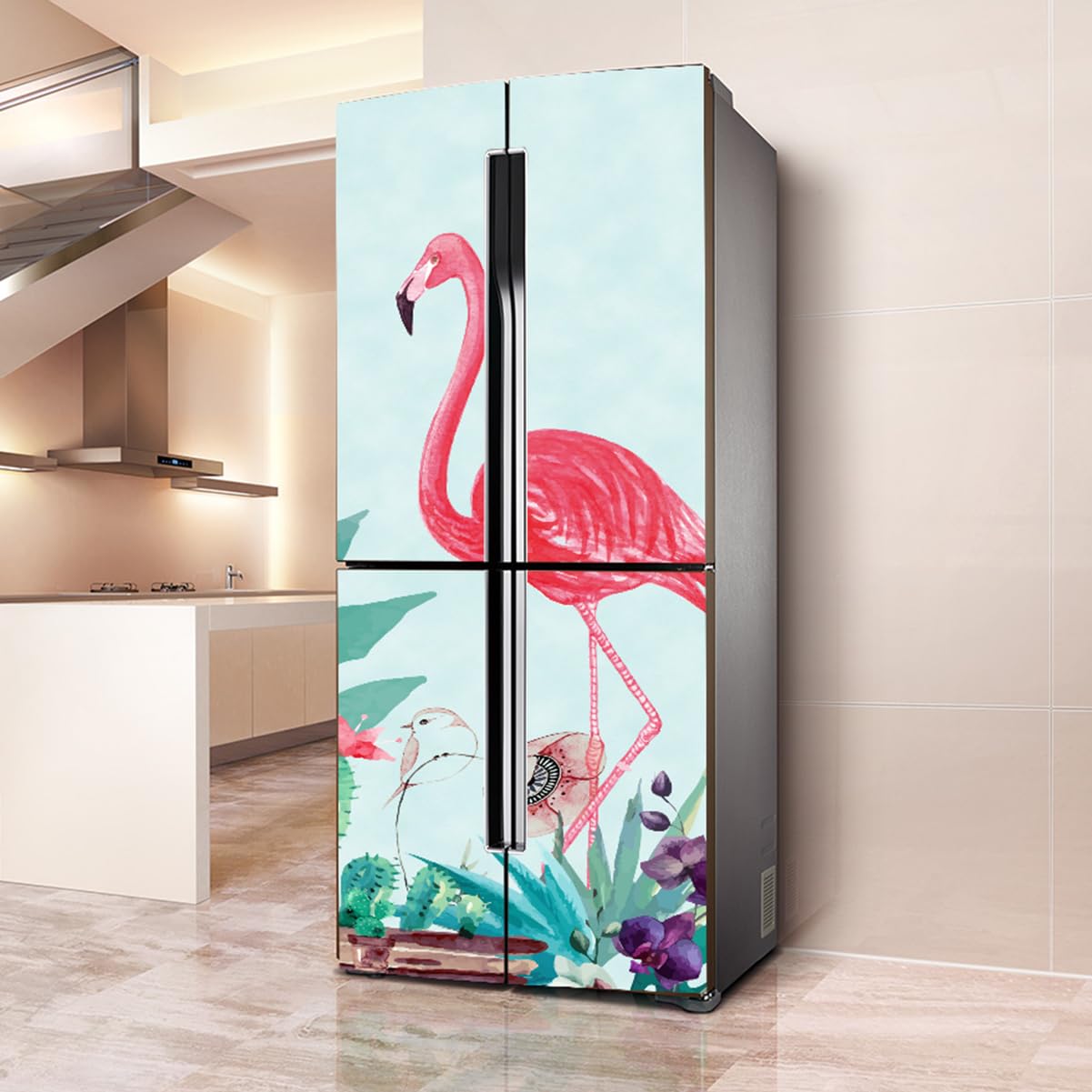 Fridge Stickers, Fridge Sticker Full Covering Door Covers Decor, Freezer Skins Wall Stickers for Kitchen Decal, Flamingo Cactus Bird(L: 100x180 cm)