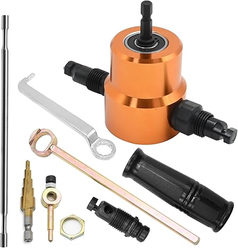 Miniatura 6 de Taladro de chapa de doble cabeza de 360 grados con punzón y troquel adicionales, 1 accesorio de orificio de corte y 1 broca de paso