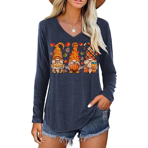 Long Sleeve V Neck Fall T-Shirt for Women Family Halloween Thanksgiving Tops Thankful Pumpkin Turkey Tees(Navy,XXL) Cover