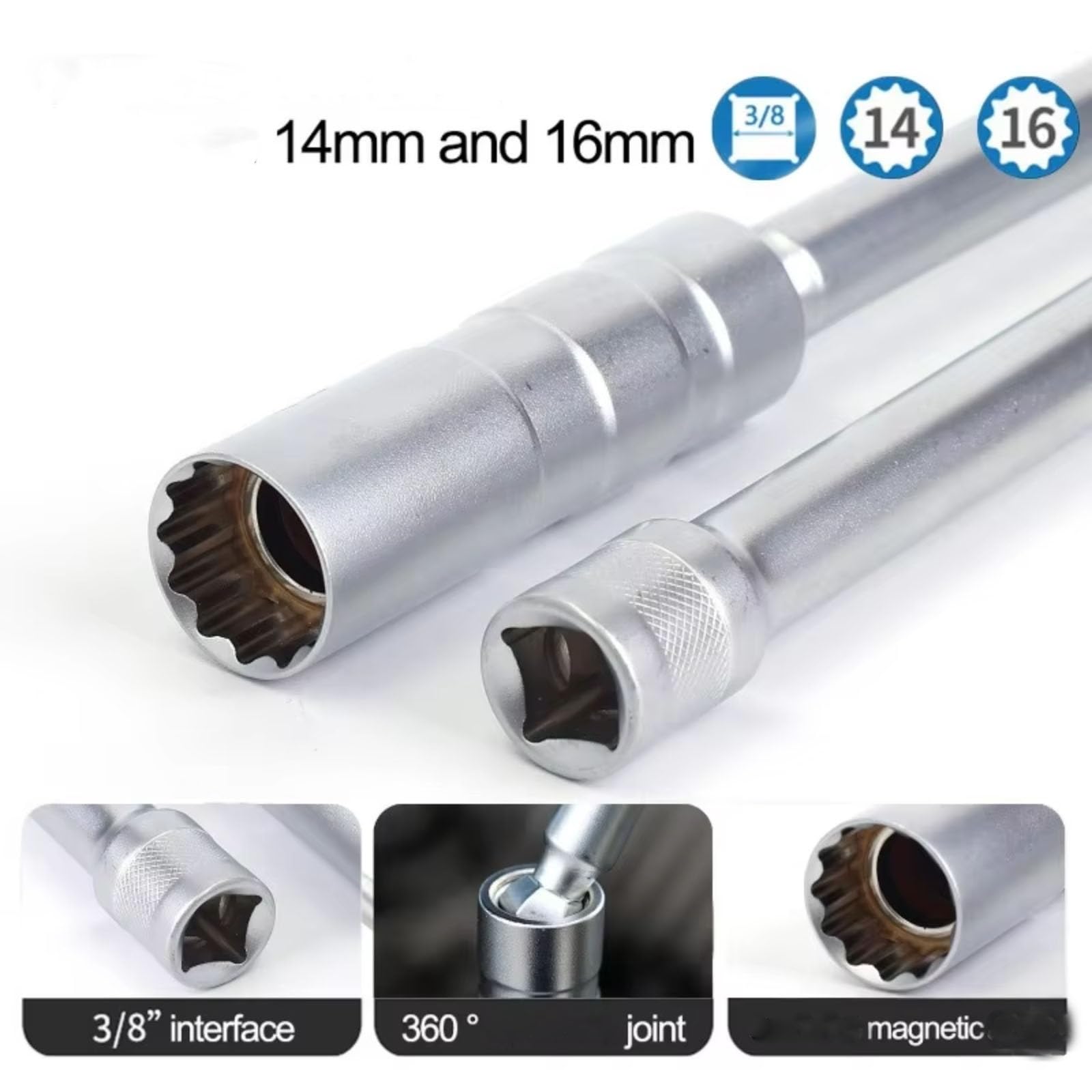 Llaves de bujías Imán 14mm 16mm para Herramienta Extracción Bujías Manguito Llave Inglesa De Vela Giratoria Herramientas De Enchufe De Extensión Larga(1set)