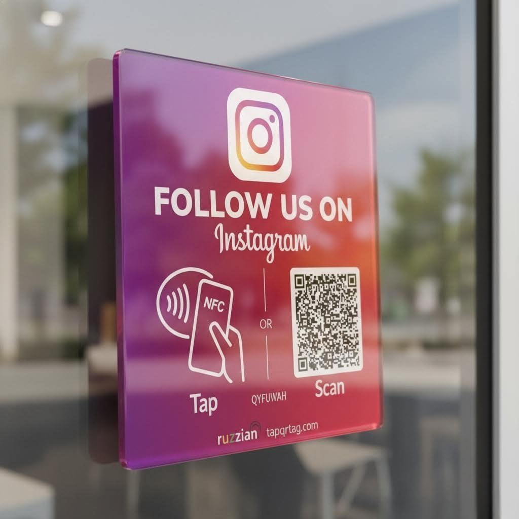 Follow Us Sign for Instagram – NFC QR Code Social Media Tap Card Plate, Reusable Tap or Scan, No App or Fees, Adhesive Backing & Included Stand