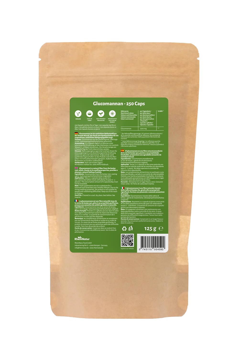 RheinNatur Glucomannan Kapseln 250 Stück - Natürlicher Ballaststoff aus der Konjak-Wurzel - Vegan