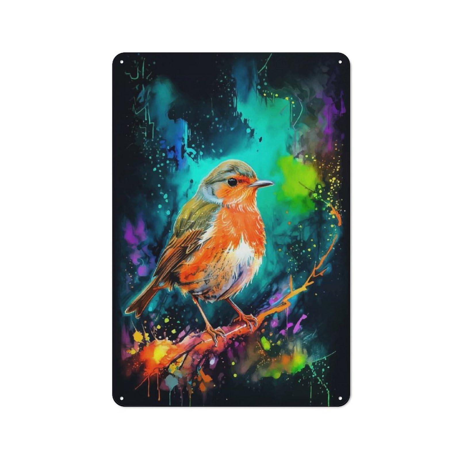 Junmoney Robin In Watercolor Splatter For Garden Room Or Summerhouse, Retro Tin Sign 30X20cm, For Garage, Workshop And Man Cave Decoration