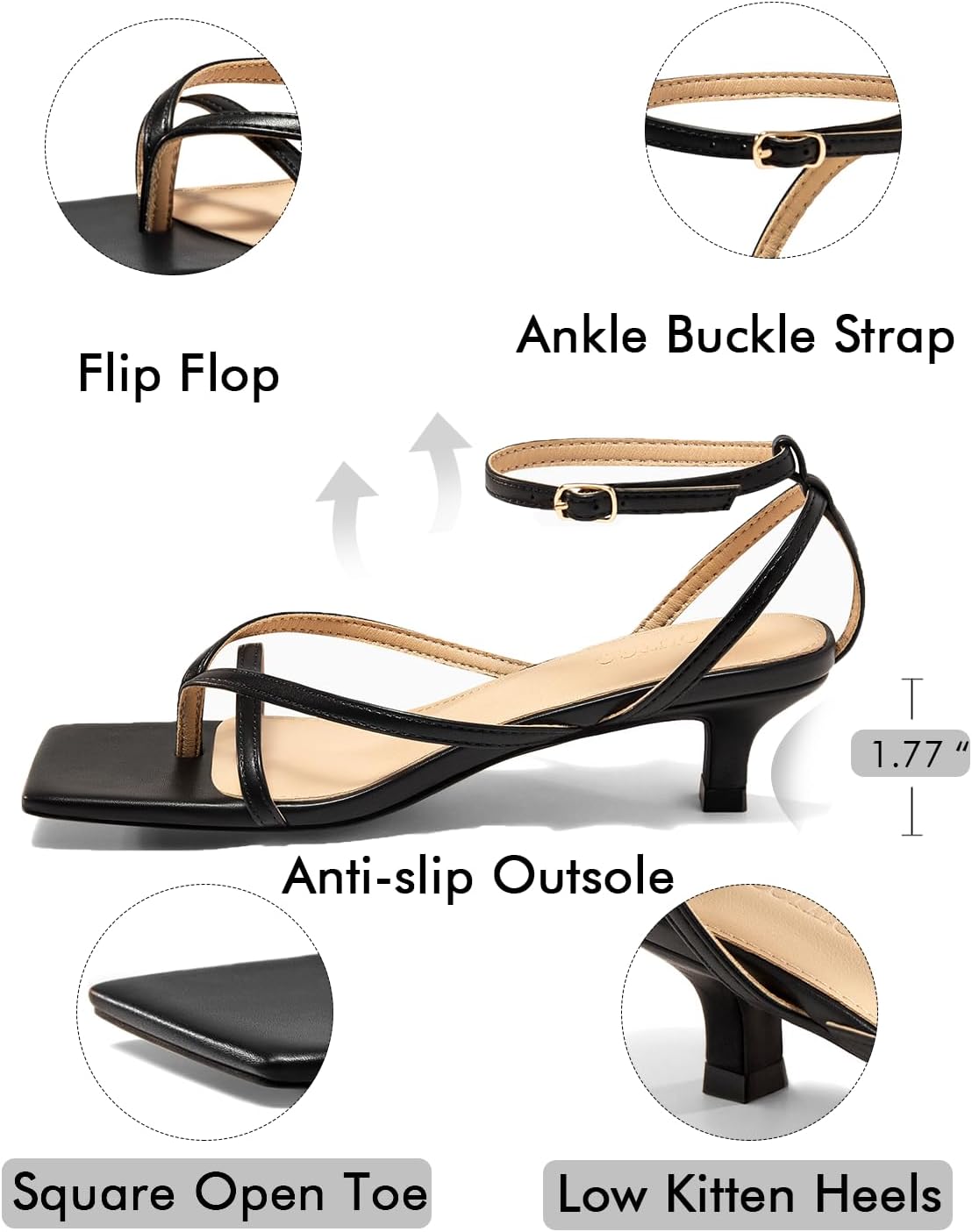 Coutgo Womens Strappy Low Kitten Heels Sandals Open Square Toe Flip Flop Summer Dress Party Shoes