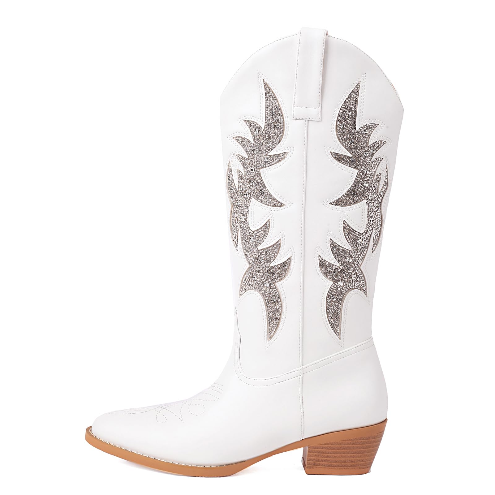 AelegantmisWhite Embroidered Cowboy Boots for Women Stacked Chunky Heel Cowgirl Mid Calf Boots Comfortable Round Toe Pull On Western Boots