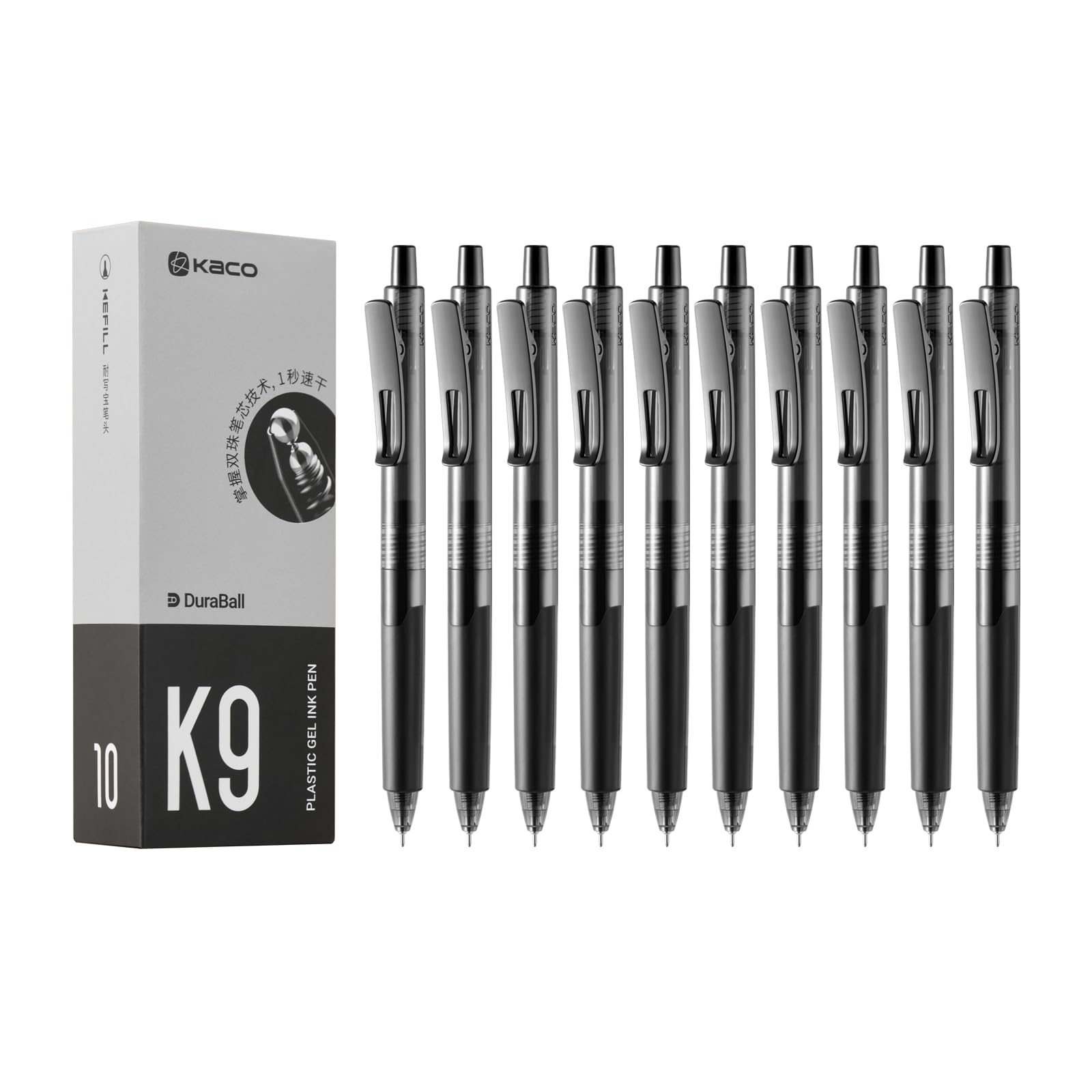 Kaco K9 Gel Pens Black Ink Retractable 0.5mm Fine Point, Pack of 10, School Office Supplies, Aesthetic Pens