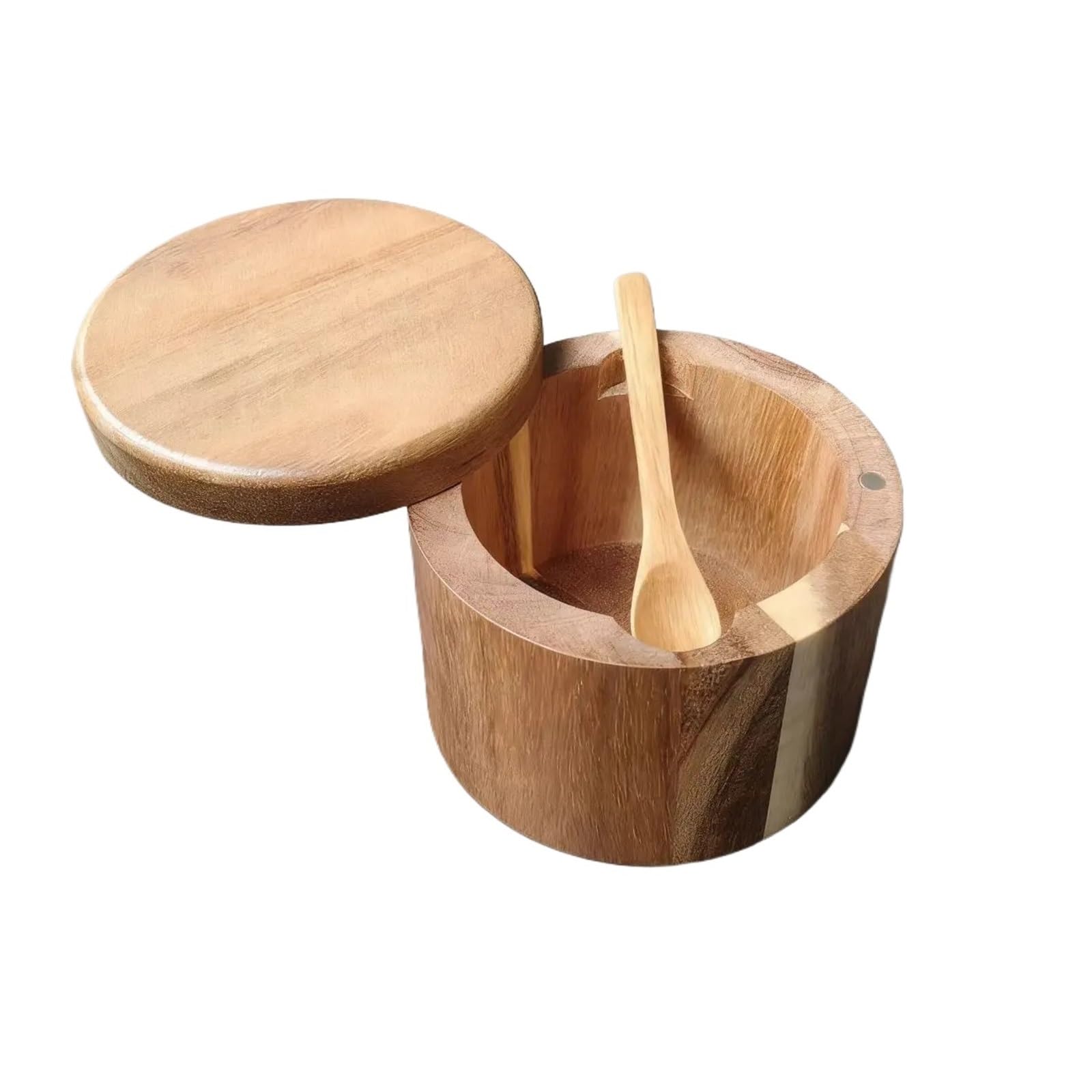 LuoAXINN Wooden Salt Cellar 1pcs Kitchen Wooden Seasoning Jar Retro Salt Pot Storage Spice with Lid Spoon(Color 1)