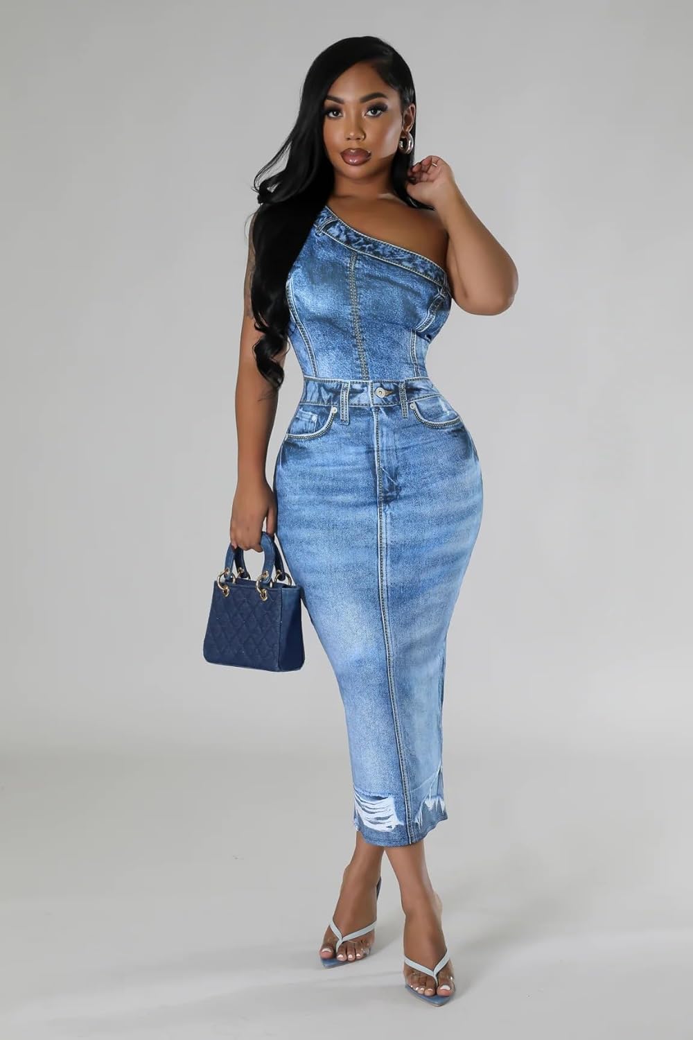 Women's Casual Dress One Shoulder Denim Print Bodycon Midi Dress Backless Split Hem Summer for Party Night Out & Date Night (Blue M)