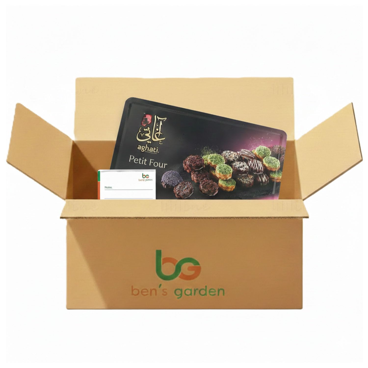 Ben's Garden Bundle: Aghati Petit Four Dose 1kg inkl Notizblock | Premium Buttergebäck mit Pistazien, Mandeln & Schokolade. Traditionell verpackt in einer edlen Dose
