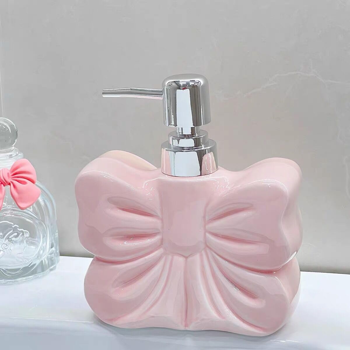 Lotion Dispenser Ceramic Soap Bottle, Bowknot Lotion Bottle with Pump,360ML