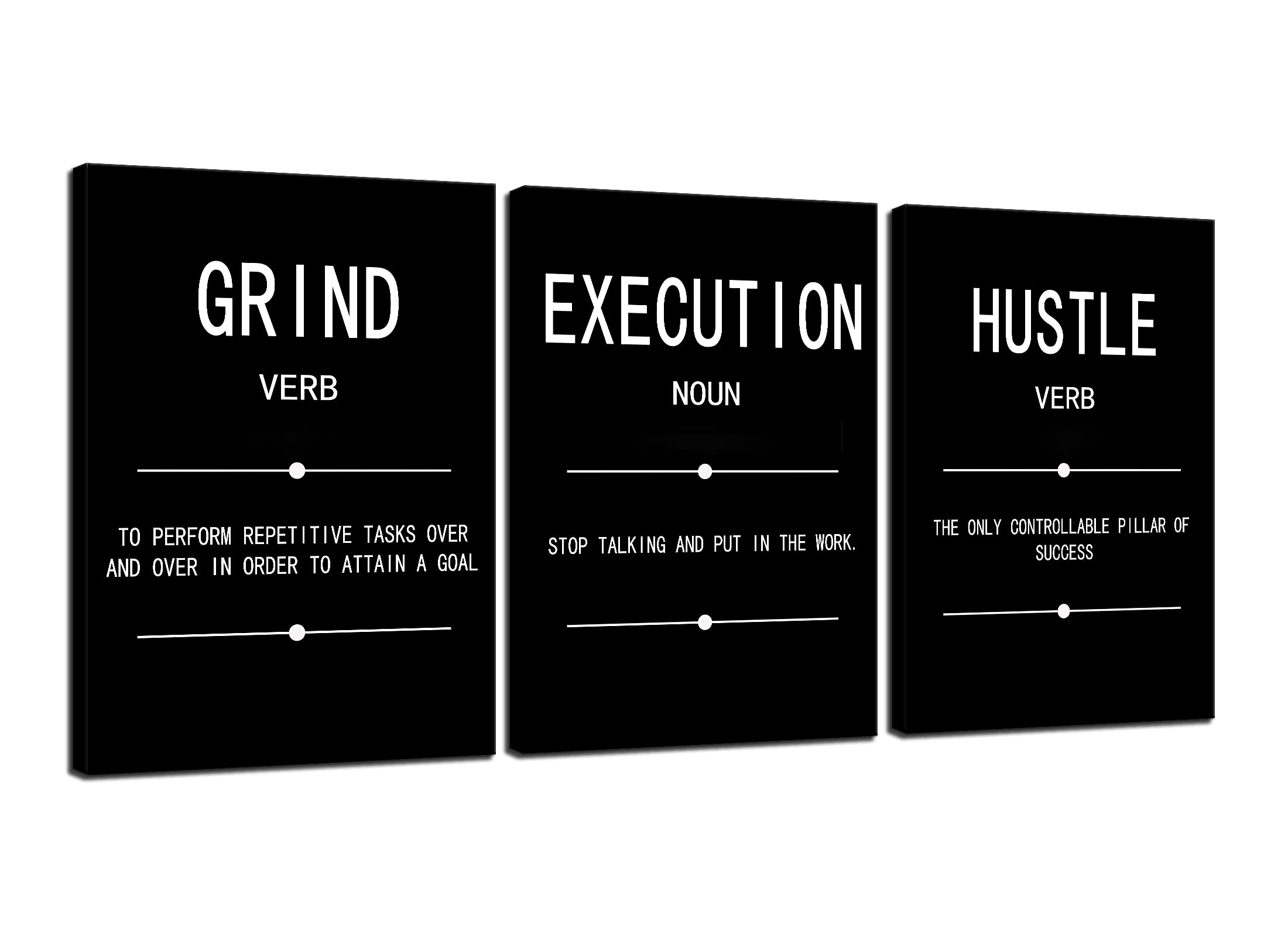 Grind Hustle Execution Noun Motivational Painting Wall Art 3 Pieces Canvas Print Office Decor Poster Inspiring Framed Inspirational Quotes for Wall Art Decoration Ready to Hang [60''Wx 28''H]