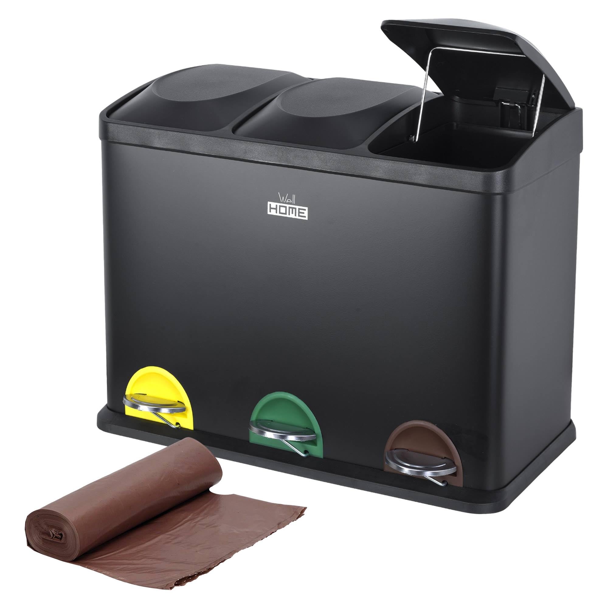 WELL HOME MOBILIARIO & DECORACIÓN Cubo de reciclaje Negro 45L 3 compartimentos + Rollo de 20 bolsas basura autocierre de 20L