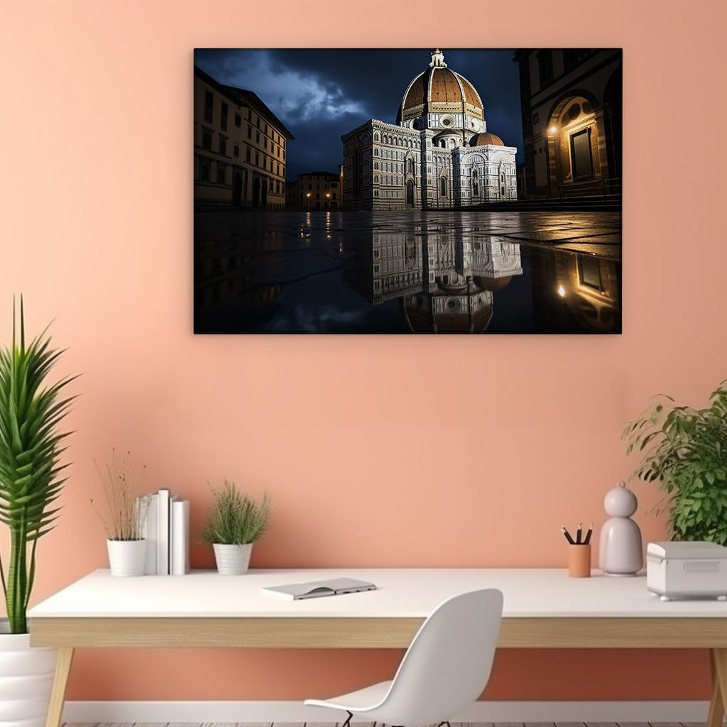 Canvas for Living room. Illuminated Serenity: A Nocturnal Embrace at Florence Cathedral, 27 x 18 inch Canvas Wall Art - Contemporary Masterpieces - Nature Home Decor - 69x46 cm (27x18 inch)