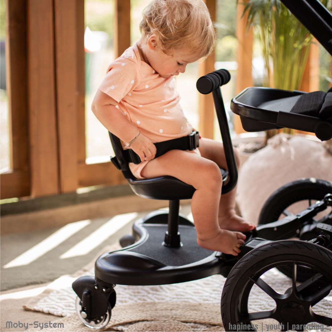 MobySystem Patinete Carro Bebé Universal - Plataforma con Asiento Ajustable para Niños 2-5 años - Ruedas LED Giratorias 360° - Compatible con Cochecitos Estándar