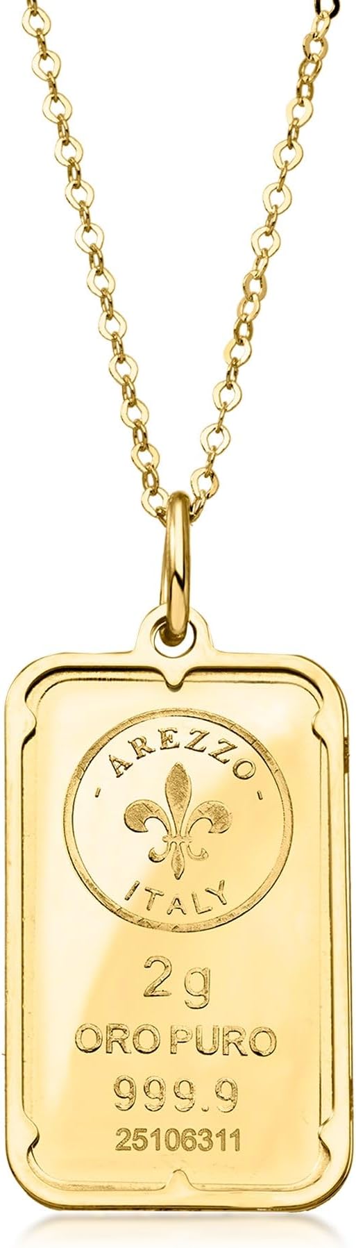 Italian 24kt Yellow Gold Fleur-De-Lis 2-Gram Ingot Pendant Necklace With 14kt Yellow Gold Frame