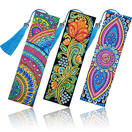 3 Pieces DIY 5D Diamond Art Bookmark Beaded Bookmark Leather Tassel Bookmark Rhinestone Bookmark for DIY Art Craft Student Adult Beginner Valentine's Day Graduation Birthday Embroidery (Floral)