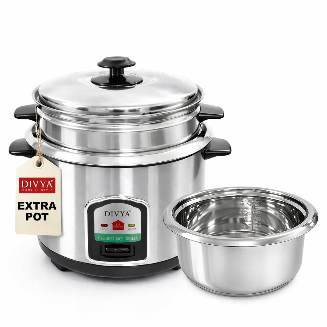 Divya 1.8 L Stainless Steel Electric Rice Cooker for Home | with Stainless Steel Inner Pot | Combo Pack of 2 | Cook & Keep Warm Function | Family Size Rice Cooker | Silver