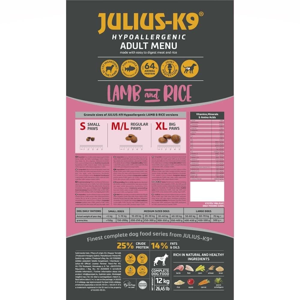 Julius-K9® Novita' Assoluta Amazon Crocchette Cani Hypoallergenic Adult Lamb & Rice 12 kg - per Cani Adulti, Agnello e Riso, Senza Zuccheri Aggiunti, Senza Pollo, Snack per Cani, Croccantini Cane