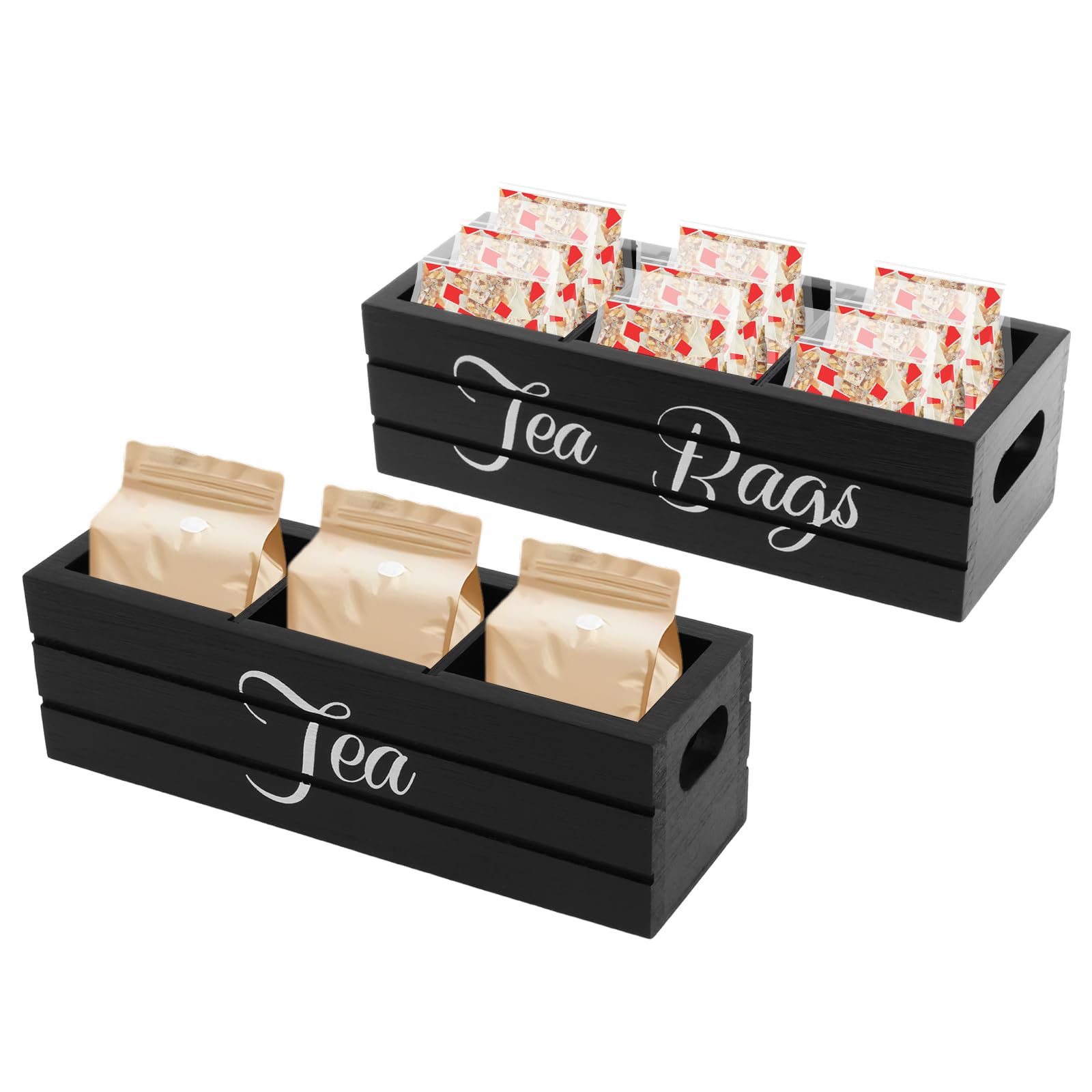 Qinglang Black 2Pcs Tea Bag Organiser Wood Tea Box Drawer Storage Holder With 3 Compartment Teas Caddy Teas Bag Storage Organiser Box For Coffee Station, Sugar Packet, Sweeteners, Small Packets(Black)