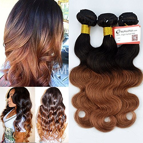 MyNiceHair- 3 Bundles 16 18 20 Inches Brazilian Ombre 1B#/30# Human Remy Hair Extensions Weave Body Wave 300g, 2-4 days speedy delivery
