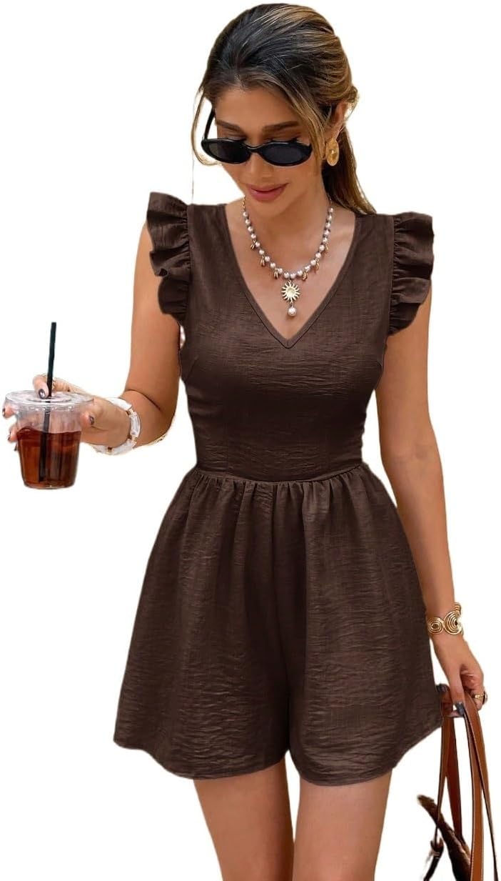 Rompers for Women Summer 2026 Solid Color V-Neck Cap Sleeve Open Back Tie Jumpsuit