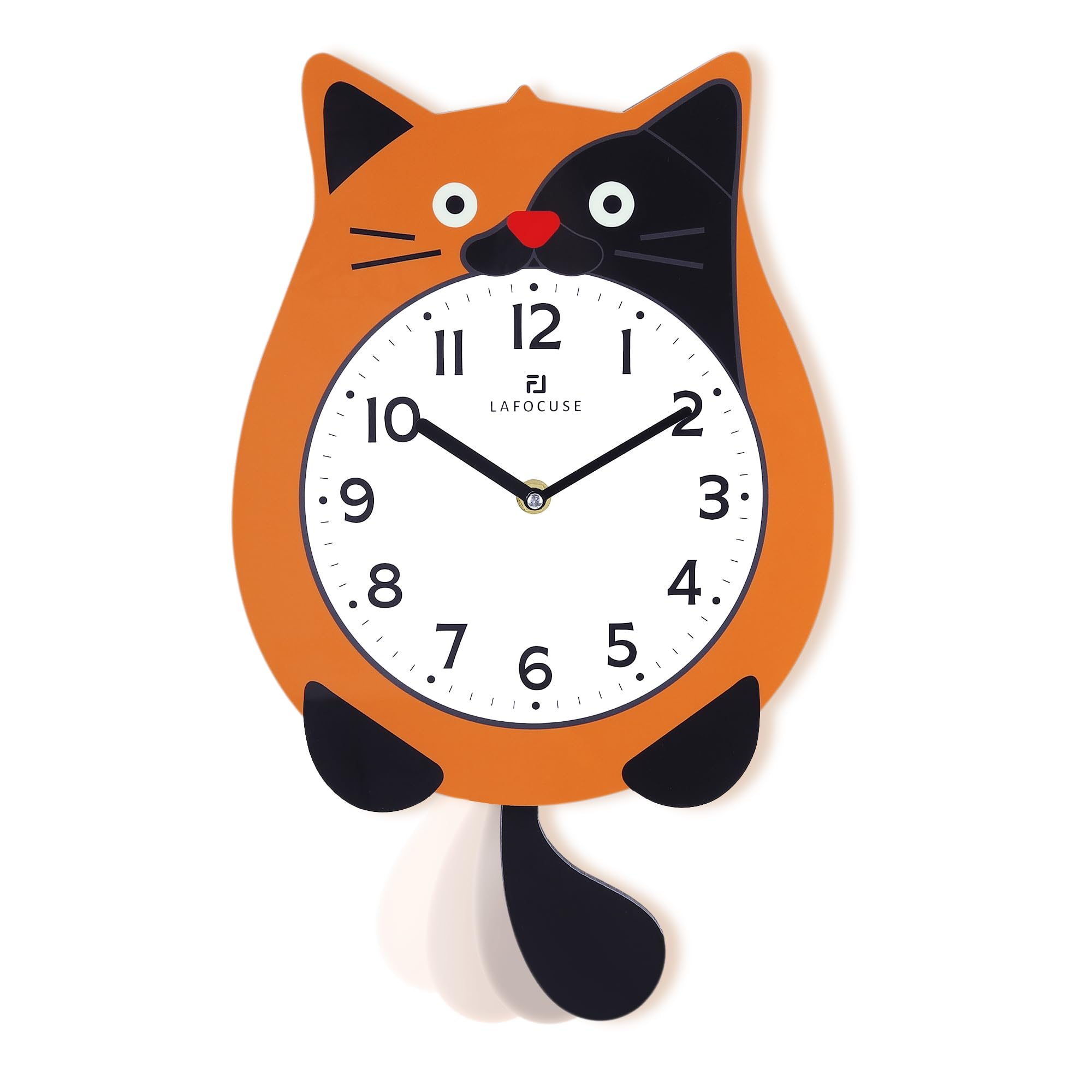 Lafocuse Orologio da Parete Gatto Design Arancione con Pendolo a Coda Mobile, Moderno Orologio da Muro Simpatico Decorativo per Soggiorno Camera da Letto Bambini, 40 x 23.5cm