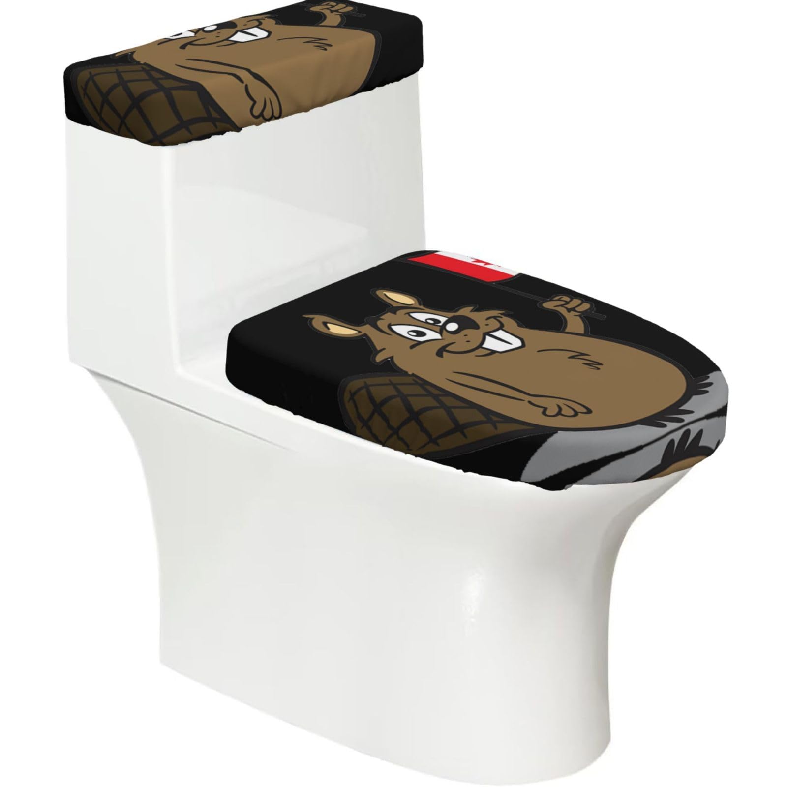 Beaver Printed Toilet Tank and Lid Cover Set of 2 for Most Bathrooms, Fits Elongated Round Toilets