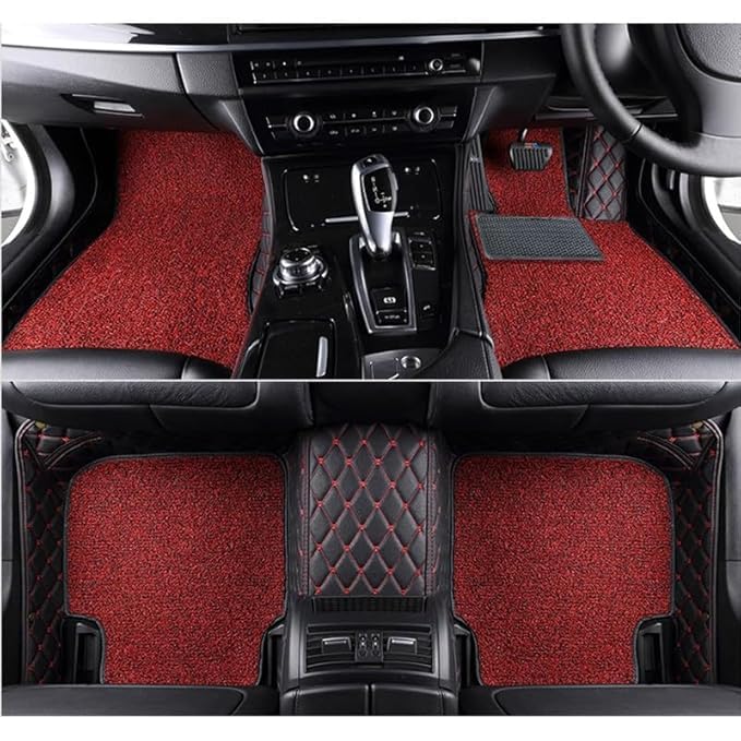 Image of Superior 7D Car Floor Mat Set for Tata Punch Facelift 2026 Petrol /Diesel /CNG, Luxury Leather + Curly Foot Mats, 7-Layer Protection, Waterproof & Anti-Skid, Black Red with Red Curly