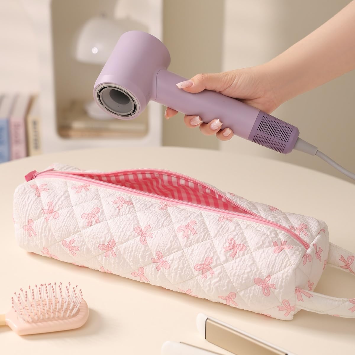 Bolsa organizadora de herramientas para el cabello con cierre de cremallera y diseño de lazo, secador de pelo a prueba de polvo, rizador, almacenamiento de alisador, compatible con viajes, gimnasio — view 7
