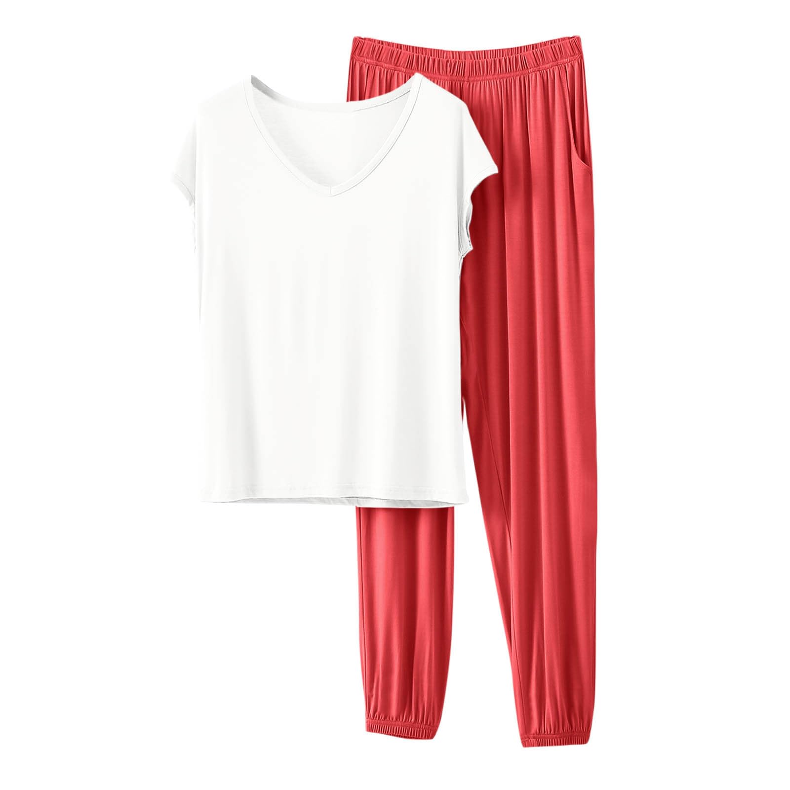 HGps8w Women's Modal Soft Summer Pajamas Sets, Loose V Neck Short Sleeve Top Joggers Pants Matching 2 Piece Lounge Outfits