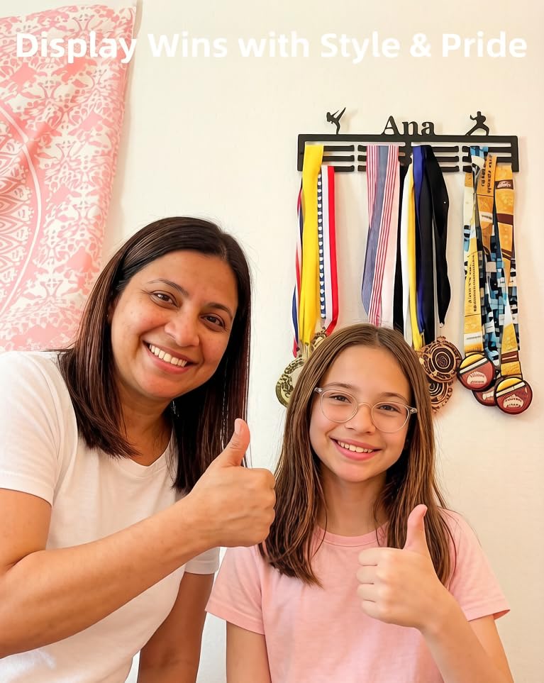 Image of Personalized Medal Holder with Name Display Rack for Awards Ribbons - Metal Custom Sports Race Plaques Hanger for Wall Mount Hold Up 63 Medal Hanger Display for Athlete Boy Girl Kid