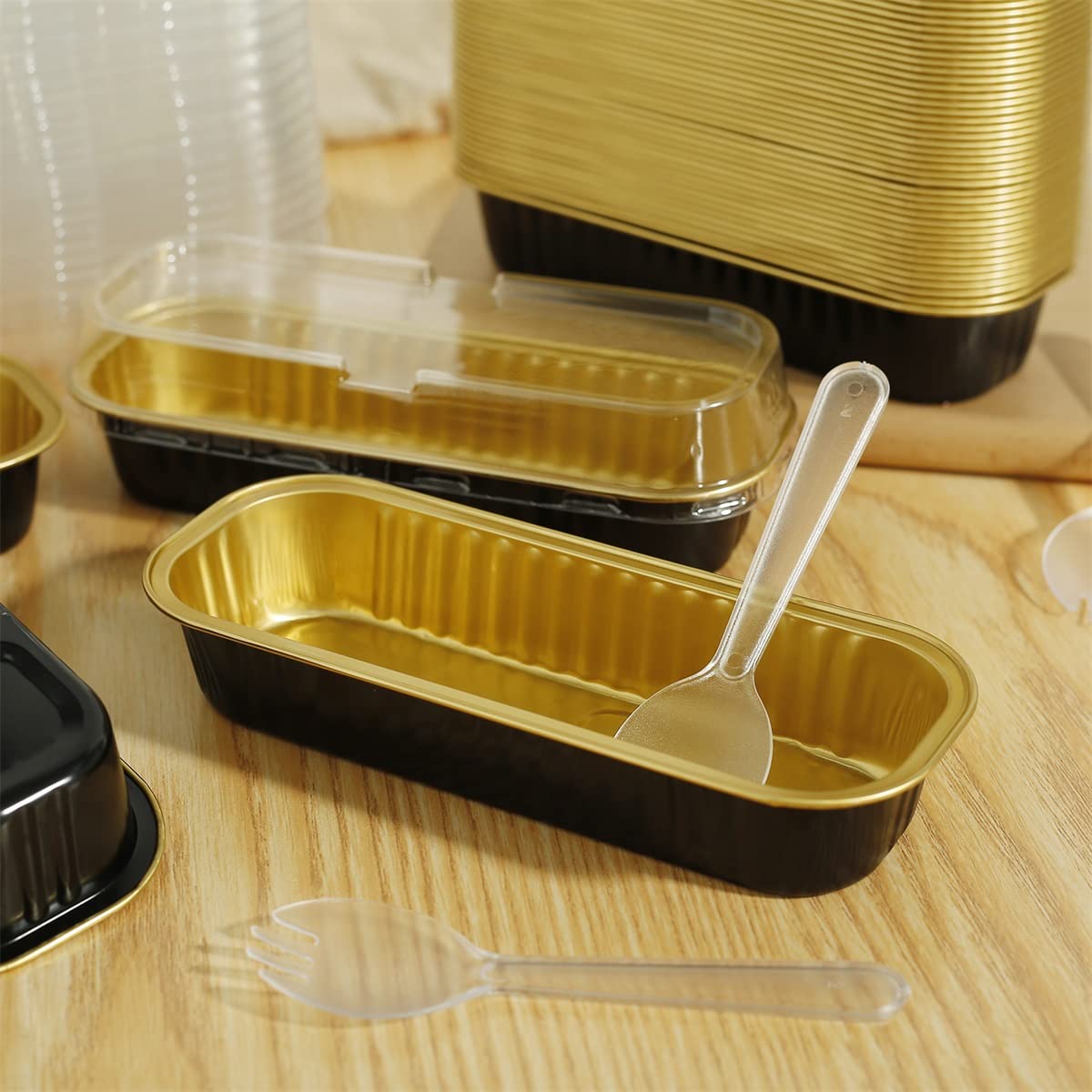 50Pcs Mini Cake Loaf Pans with Lids and Spoons 6.8oz Rectangle Aluminum Foil Baking Cups Mini Cake Pans Heat Resistant Cupcake Tin Container Narrow Foil Cake Pans for Brownie Party (Black, 50)