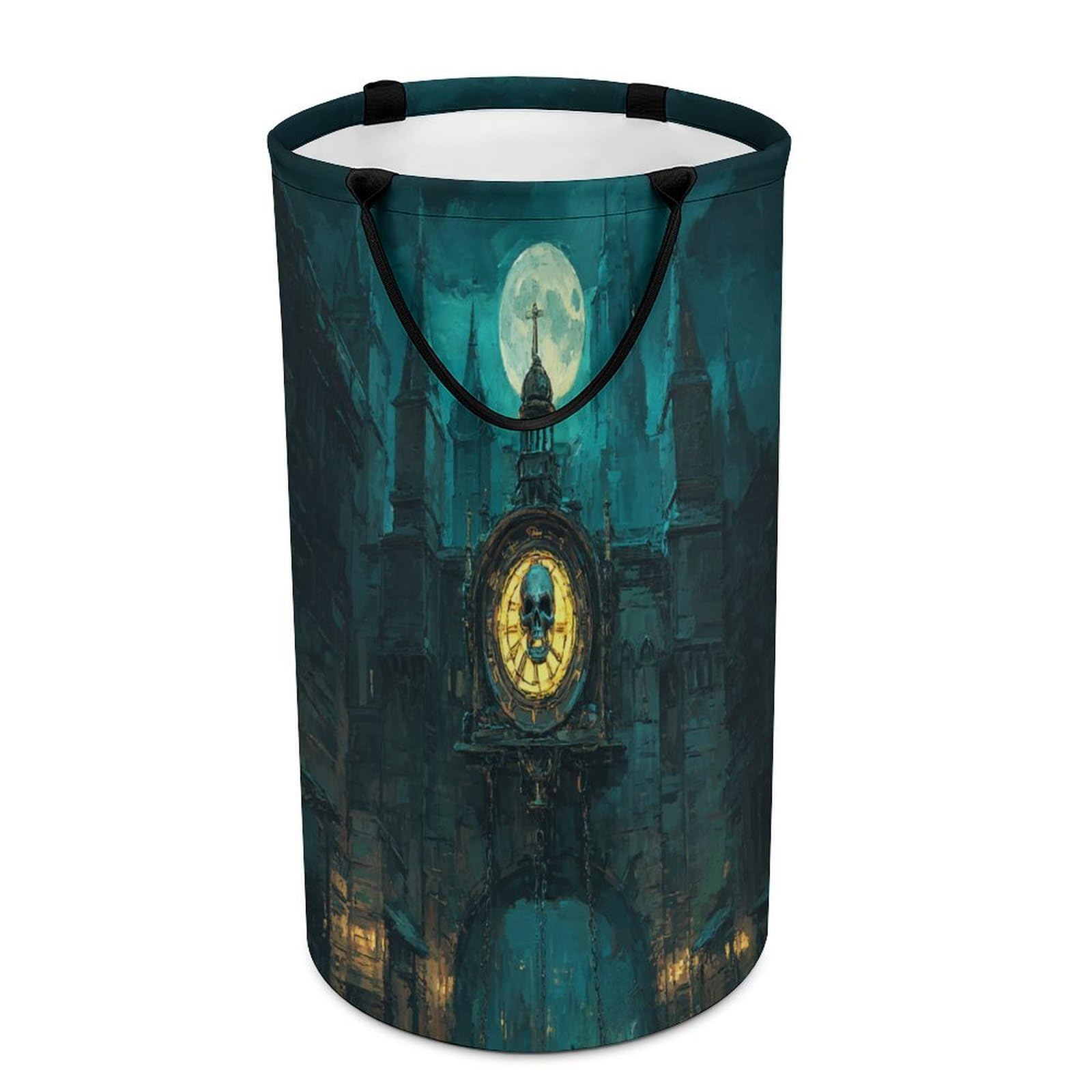 LUYYSKY Beautiful Classic Skull Clock Versatile Storage Laundry Basket, Retro Watercolor Full Moon Gothic Castle Skeleton Skull Large Bathroom Laundry Hamper With Handle-40 CM Dia, 69 CM High