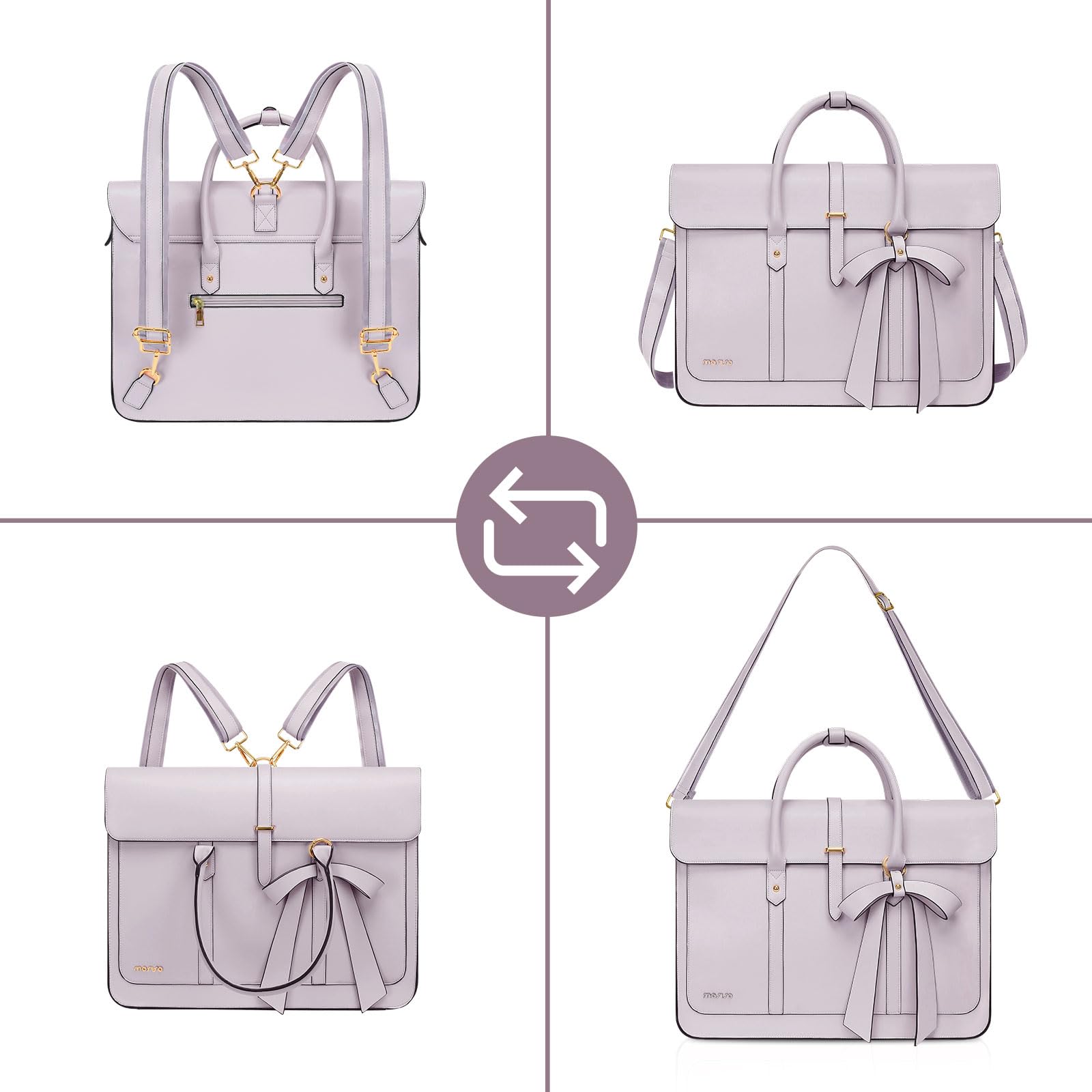 MOSISO Laptoptasche Damen 16 Zoll, 15-15,6 Zoll PU Leder Handtasche Umrüstbar auf Rucksack, Lässig Aktentasche Arbeitstasche Uni Tasche Reisen Schultertasche mit Schleifenknoten, Staubiges Flieder
