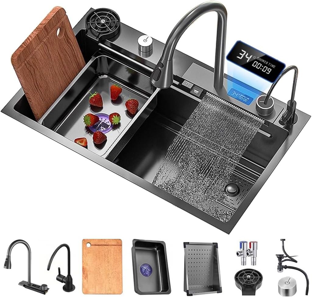 304 Stainless Steel Kitchen Sink with Waterfall and Digital Faucet