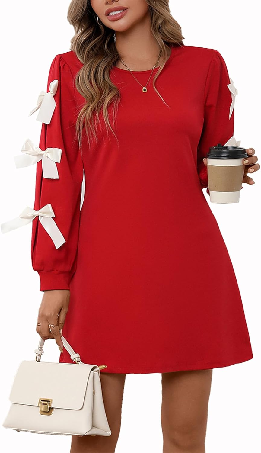 MSLG Women's Spring Dress Long Sleeve Round Neck Stretchy Bodycon Bowknot A Line Mini Dresses 523