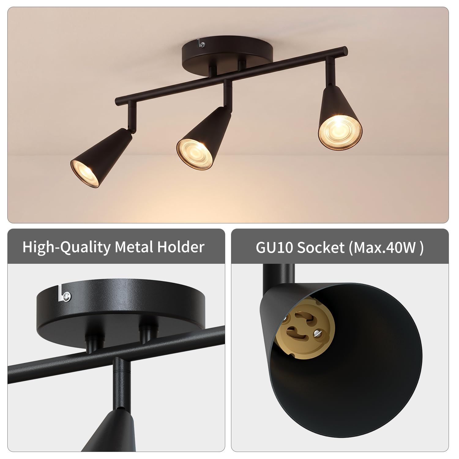 ANWIO Plafonnier LED 3 Spots Noir, GU10 Spots de Plafond Style Scandinave