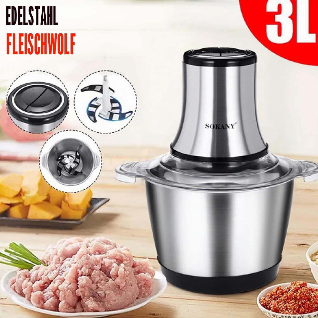 SOKANY 800W Zerkleinerer Küche Elektrisch mit 3L Edelstahlschüssel, Multizerkleinerer mit 2 Geschwindigkeitsstufen, Fleischwolf mit 4 Klingen für Fleisch, Zwiebeln, Obst, Gemüse