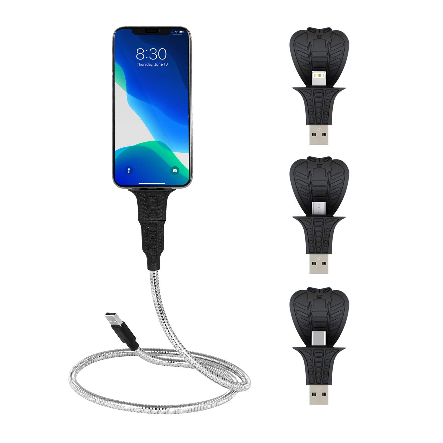 Rattlesnake Coil Phone Holder Charger, Compatible to Apple iPhone Lightning Cable, Adjustable Arm, Removable Mount for Desk, Table, Fast Universal USB