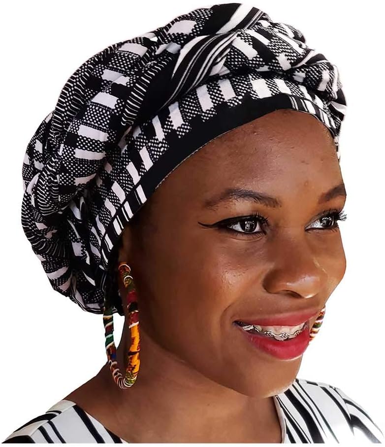 Dupsie's Black and white Kente African Print Modu Hat - Pre-tied Head wrap